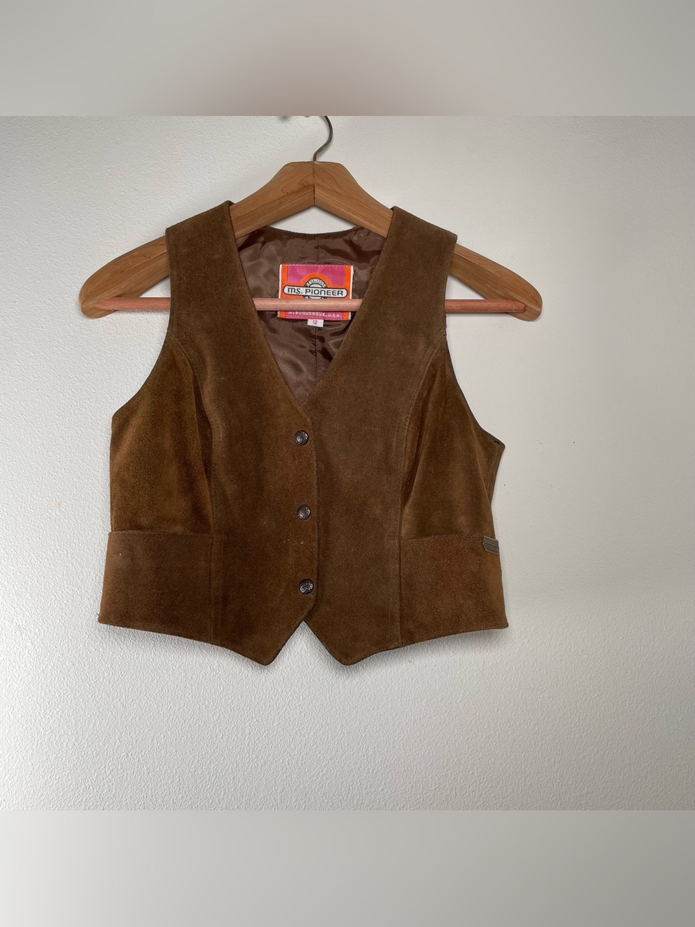 Vintage Ms. Pioneer Brown Suede Leather Vest Size 12 fits S Cowboy made in USA
